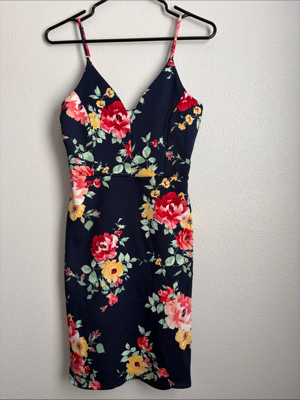 Navy Floral Spaghetti Strap - mid length dress